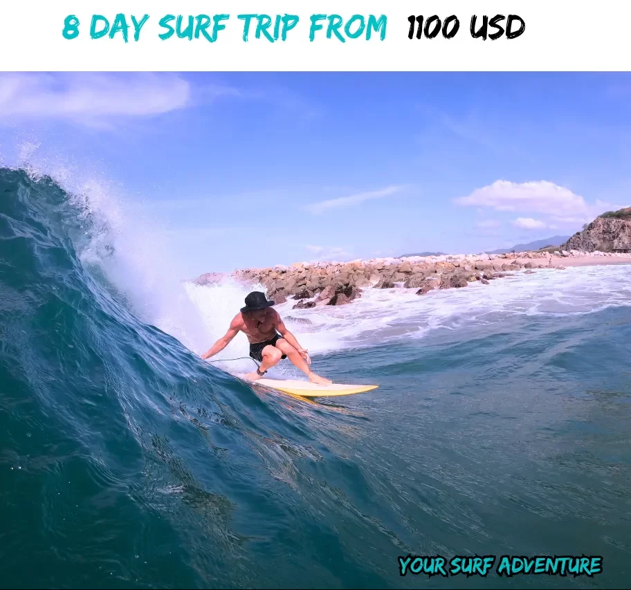 "A surfer poised to ride an epic wave during an 8-day surf camp in Oaxaca. The camp offers the thrill of navigating consistent, powerful waves in an adventurous setting, with clear blue water and sunny skies providing the perfect surf escape."